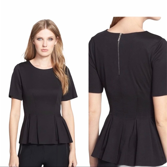 REBECCA TAYLOR Short Sleeve Peplum Bottom Top With Black Back Zip Detail Black S - Picture 1 of 13